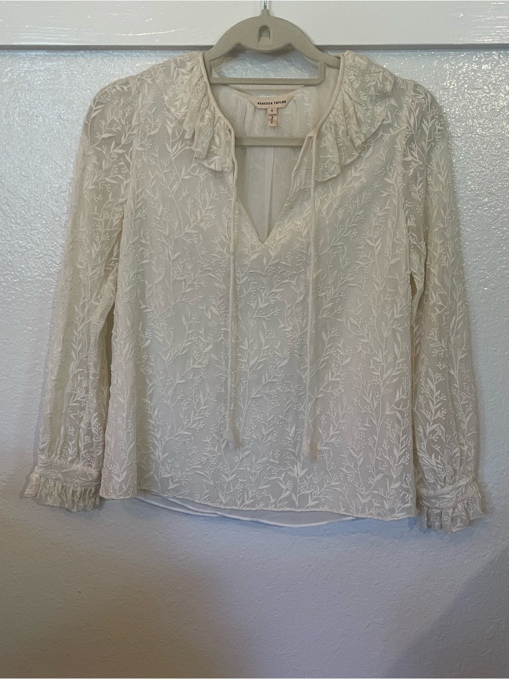 Rebecca Taylor Ivory Embroidered V-Neck Tie Blouse size 4